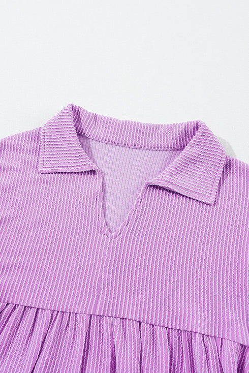 Textured Ribbed Collared Balloon Sleeve Babydoll Top