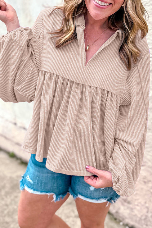 Textured Ribbed Collared Balloon Sleeve Babydoll Top