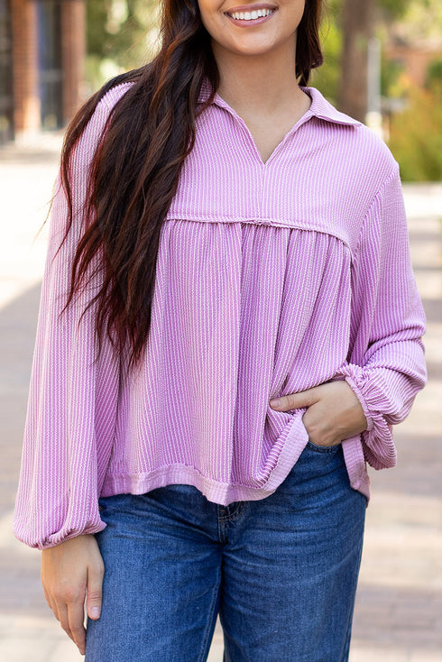 Textured Ribbed Collared Balloon Sleeve Babydoll Top