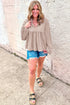 Textured Ribbed Collared Balloon Sleeve Babydoll Top