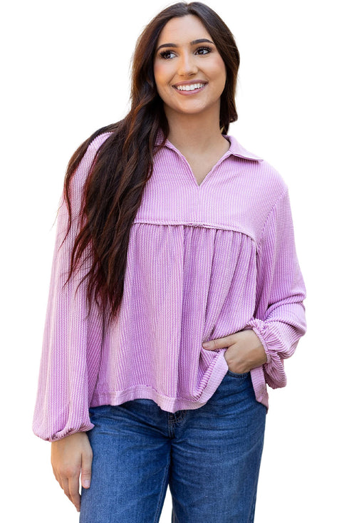 Textured Ribbed Collared Balloon Sleeve Babydoll Top