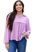 Textured Ribbed Collared Balloon Sleeve Babydoll Top