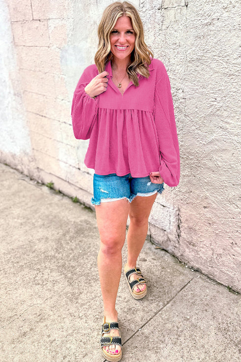 Textured Ribbed Collared Balloon Sleeve Babydoll Top