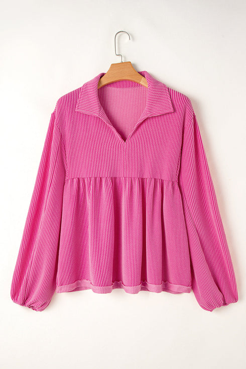 Textured Ribbed Collared Balloon Sleeve Babydoll Top