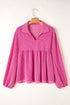 Textured Ribbed Collared Balloon Sleeve Babydoll Top