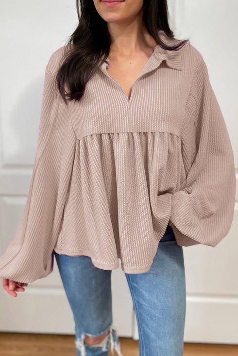 Textured Ribbed Collared Balloon Sleeve Babydoll Top