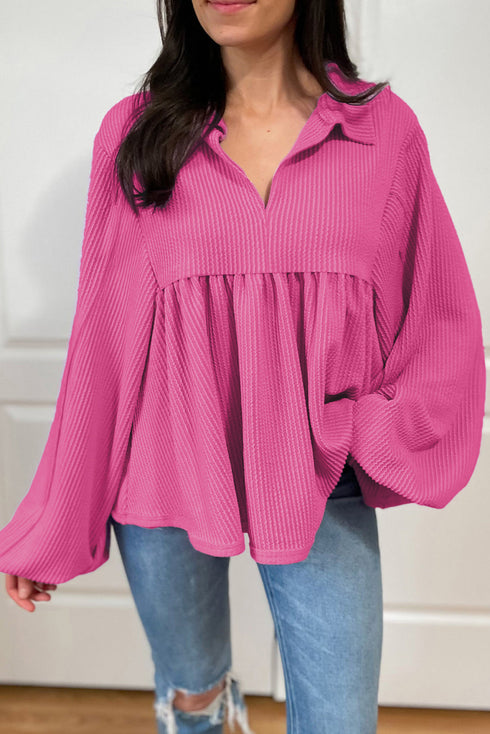 Textured Ribbed Collared Balloon Sleeve Babydoll Top