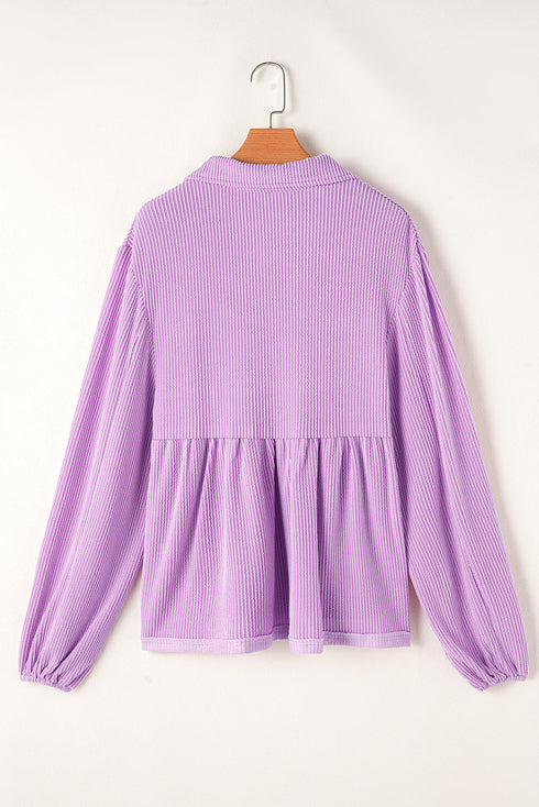 Textured Ribbed Collared Balloon Sleeve Babydoll Top
