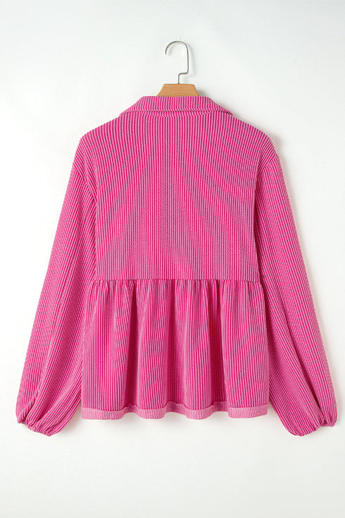 Textured Ribbed Collared Balloon Sleeve Babydoll Top