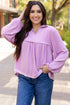 Textured Ribbed Collared Balloon Sleeve Babydoll Top