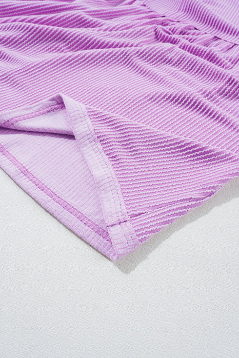 Textured Ribbed Collared Balloon Sleeve Babydoll Top