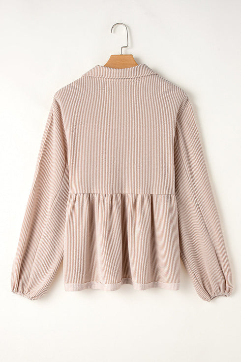 Textured Ribbed Collared Balloon Sleeve Babydoll Top