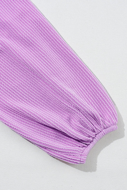 Textured Ribbed Collared Balloon Sleeve Babydoll Top