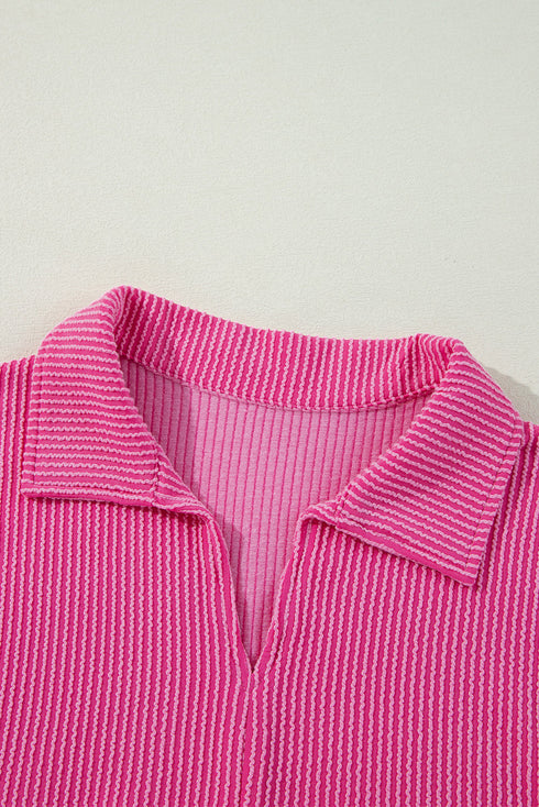 Textured Ribbed Collared Balloon Sleeve Babydoll Top