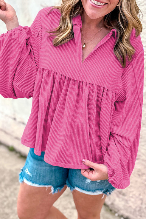 Textured Ribbed Collared Balloon Sleeve Babydoll Top