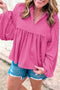 Textured Ribbed Collared Balloon Sleeve Babydoll Top