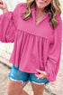 Textured Ribbed Collared Balloon Sleeve Babydoll Top