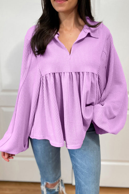 Textured Ribbed Collared Balloon Sleeve Babydoll Top