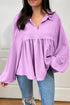 Textured Ribbed Collared Balloon Sleeve Babydoll Top