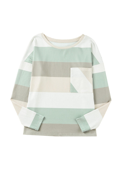 Textured Ribbed Contrast Block Crew Neck Long Sleeve Top
