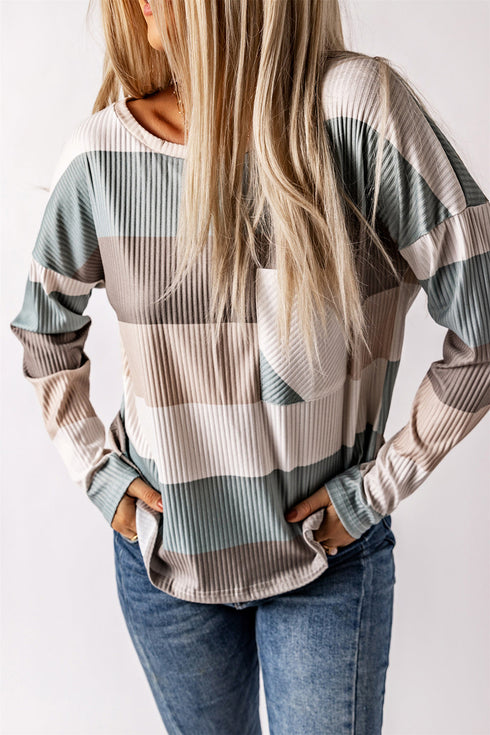 Textured Ribbed Contrast Block Crew Neck Long Sleeve Top