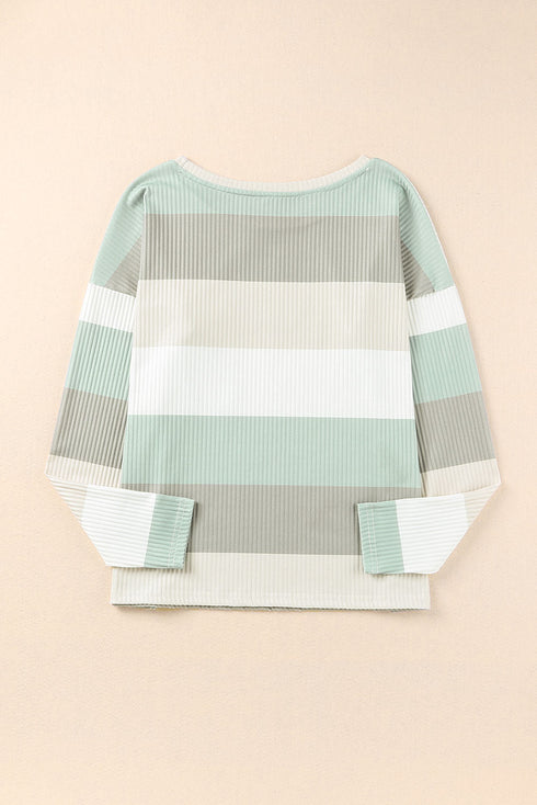 Textured Ribbed Contrast Block Crew Neck Long Sleeve Top