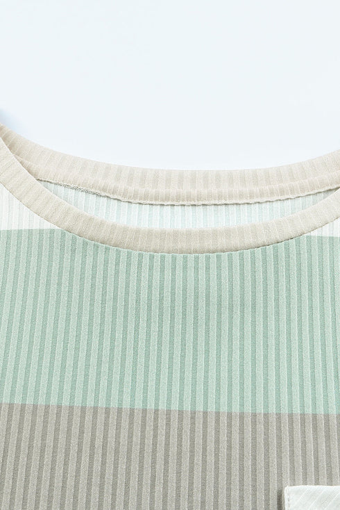Textured Ribbed Contrast Block Crew Neck Long Sleeve Top