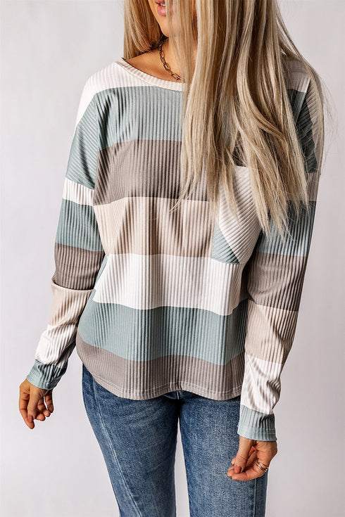Textured Ribbed Contrast Block Crew Neck Long Sleeve Top
