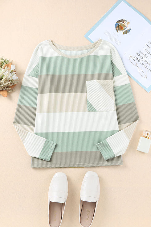 Textured Ribbed Contrast Block Crew Neck Long Sleeve Top
