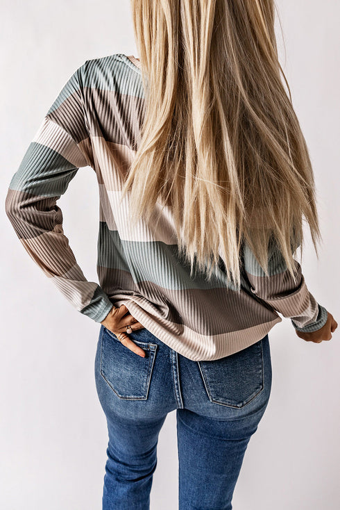 Textured Ribbed Contrast Block Crew Neck Long Sleeve Top