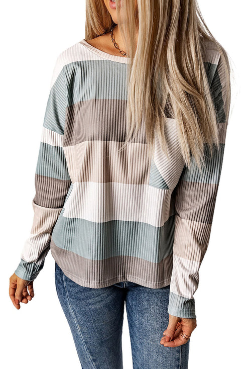 Textured Ribbed Contrast Block Crew Neck Long Sleeve Top