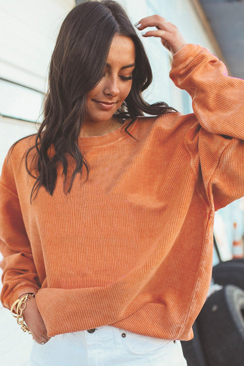 Textured Ribbed Corduroy Long Sleeve Oversized Sweatshirt