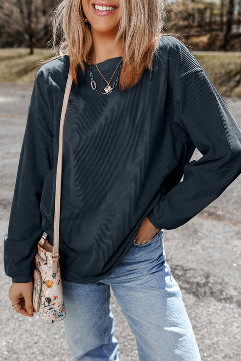 Textured Ribbed Corduroy Long Sleeve Oversized Sweatshirt