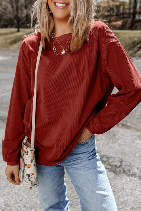 Textured Ribbed Corduroy Long Sleeve Oversized Sweatshirt