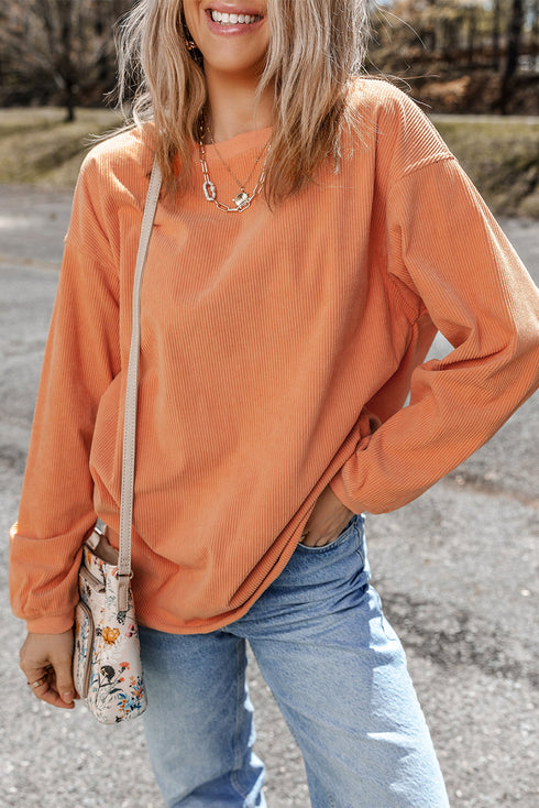 Textured Ribbed Corduroy Long Sleeve Oversized Sweatshirt