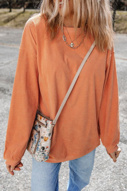 Textured Ribbed Corduroy Long Sleeve Oversized Sweatshirt