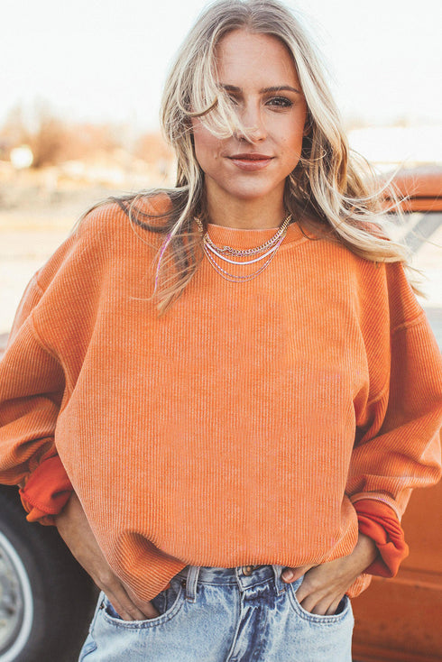 Textured Ribbed Corduroy Long Sleeve Oversized Sweatshirt
