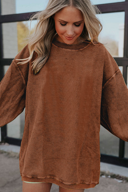 Textured Ribbed Corduroy Long Sleeve Oversized Sweatshirt