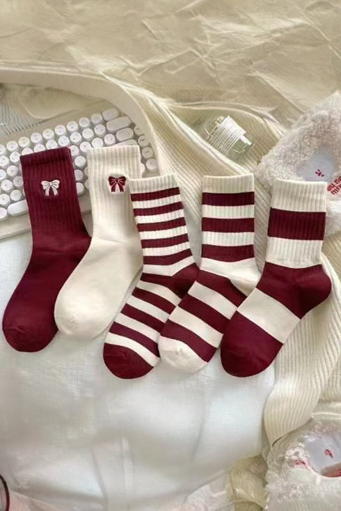 Textured Ribbed Cotton Crew Socks With Bow Embroidery