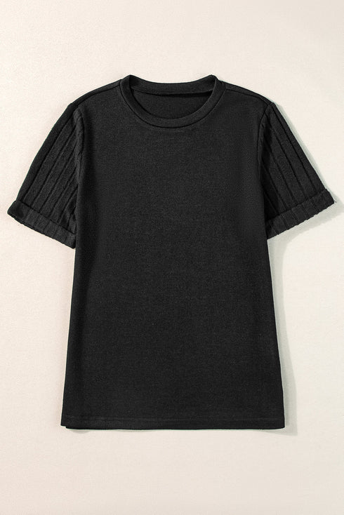 Textured Ribbed Crew Neck Short Sleeve Casual Top