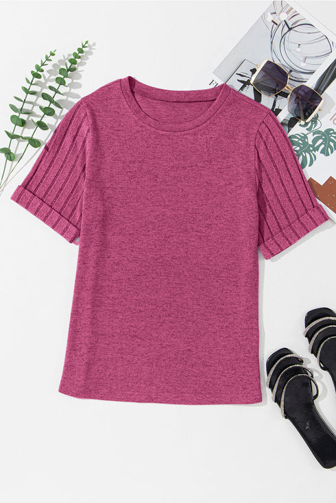 Textured Ribbed Crew Neck Short Sleeve Casual Top