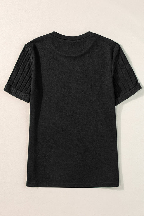 Textured Ribbed Crew Neck Short Sleeve Casual Top