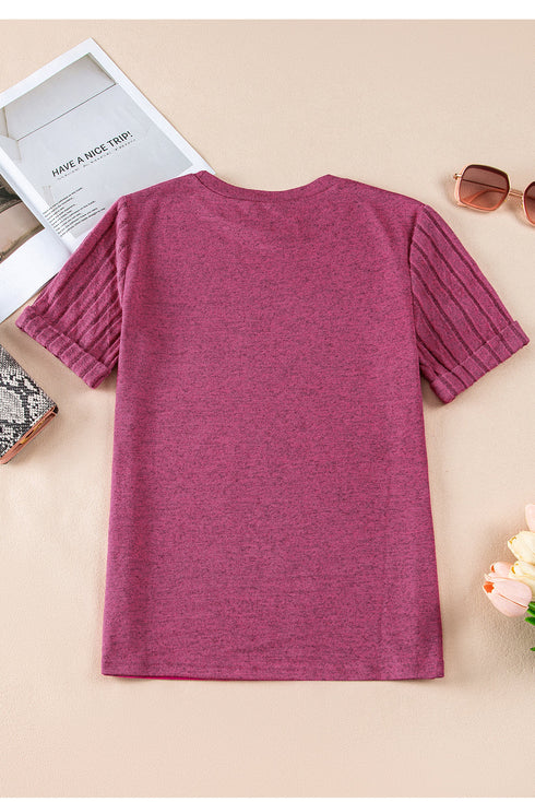 Textured Ribbed Crew Neck Short Sleeve Casual Top