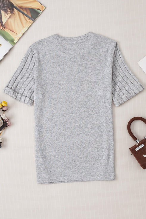 Textured Ribbed Crew Neck Short Sleeve Casual Top