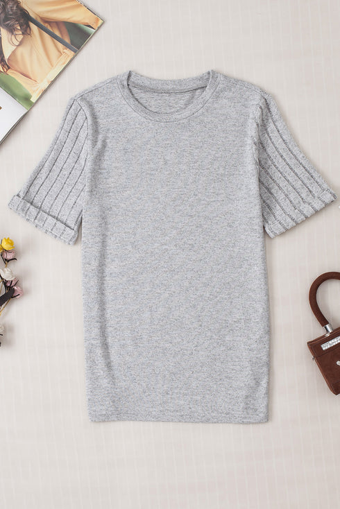 Textured Ribbed Crew Neck Short Sleeve Casual Top