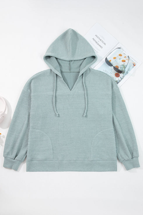 Textured Ribbed Drop Shoulder Long Sleeve Drawstring Hoodie