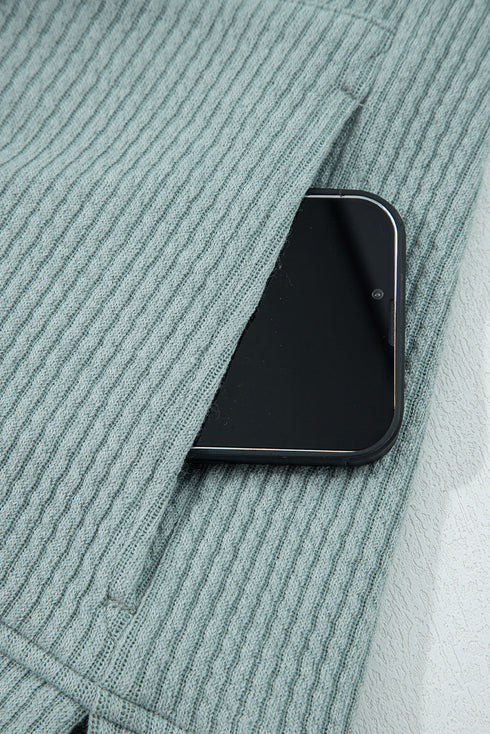 Textured Ribbed Drop Shoulder Long Sleeve Drawstring Hoodie