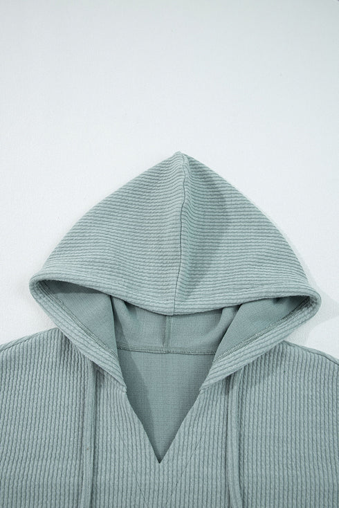 Textured Ribbed Drop Shoulder Long Sleeve Drawstring Hoodie