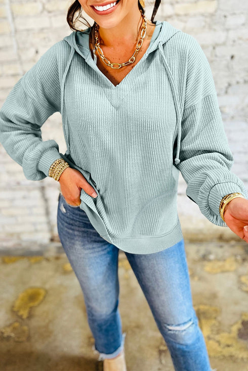 Textured Ribbed Drop Shoulder Long Sleeve Drawstring Hoodie