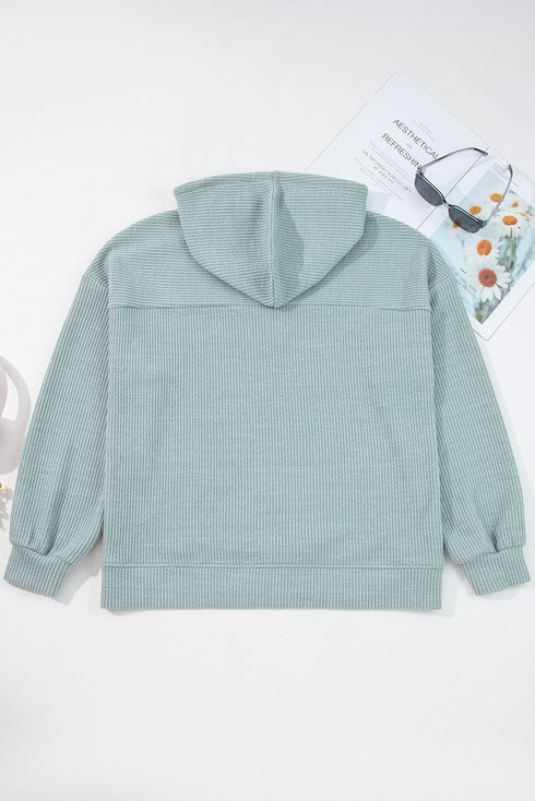 Textured Ribbed Drop Shoulder Long Sleeve Drawstring Hoodie